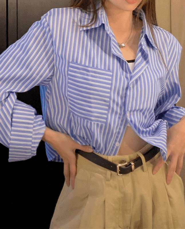 스트라이프 크롭 여자 드롭숄더 여름 긴팔 셔츠
