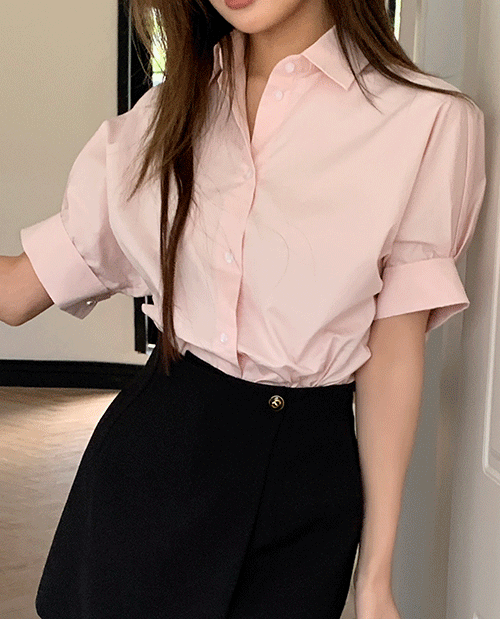 롤업 핑크 내츄럴 여자 반팔 셔츠